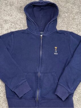 Polo Ralph Lauren Hoodie Boys Blue Full Zip Fleece Polo Bear Flag Graphic